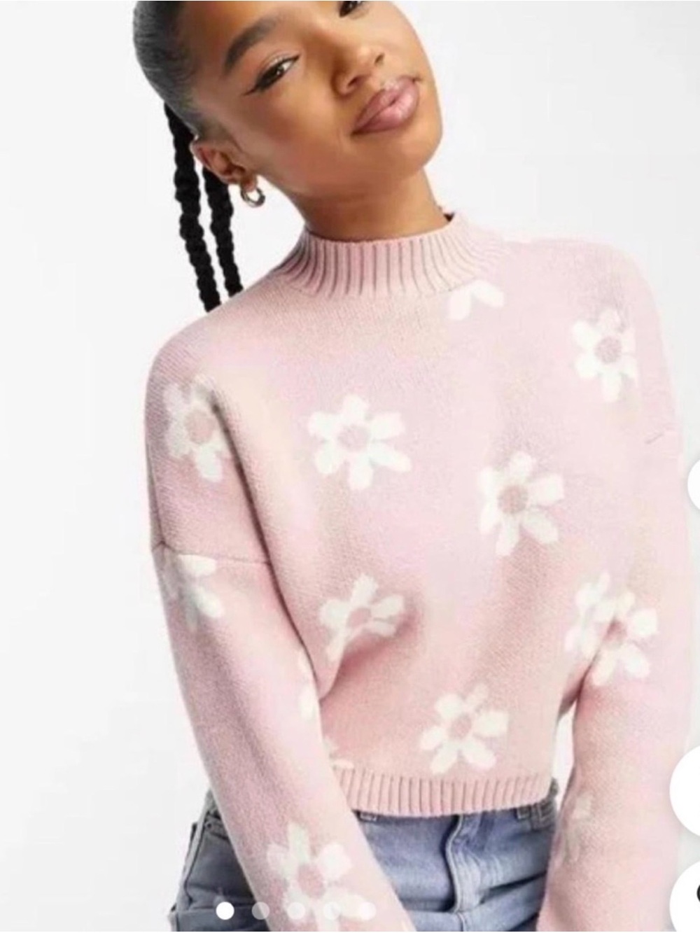 Hollister Pink Floral Knit Pullover Sweater Mock Neck Long Sleeve Size M
